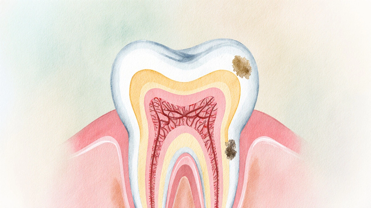 Akvarelová řezová ilustrace zubu ukazující sklovinu, dentin, pulp a dásně s náznakem plaku.