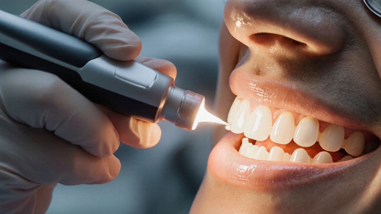 Dentista aplikuje kompozitní výplň a polymerizuje ji LED lampou, výsledek je zářivý úsměv.