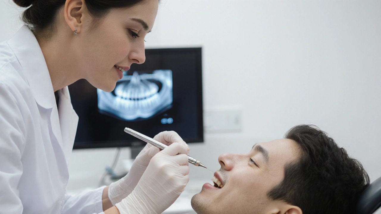 Dentista provádí studený test na předních zubech pacienta v klinickém prostředí.