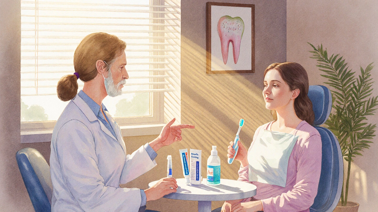 Dentista radí pacientovi o fluoridaci a ochranných gélích po zákroku.
