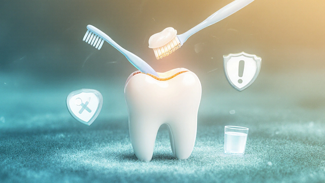 Endodontické ošetření zubu s výplní kanálu a symboly prevence ústní hygieny.