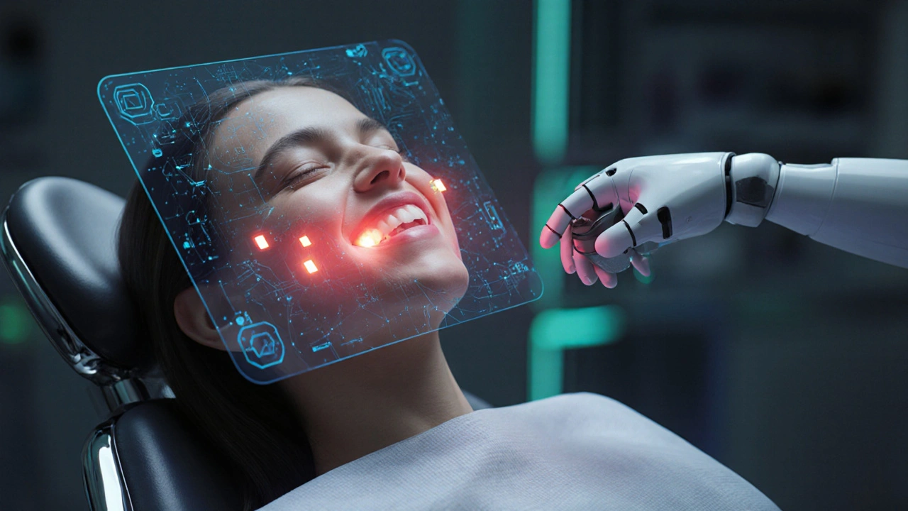 Futuristický zubní kabinet s AI hologramem a robotickým bruskovým nástavcem.