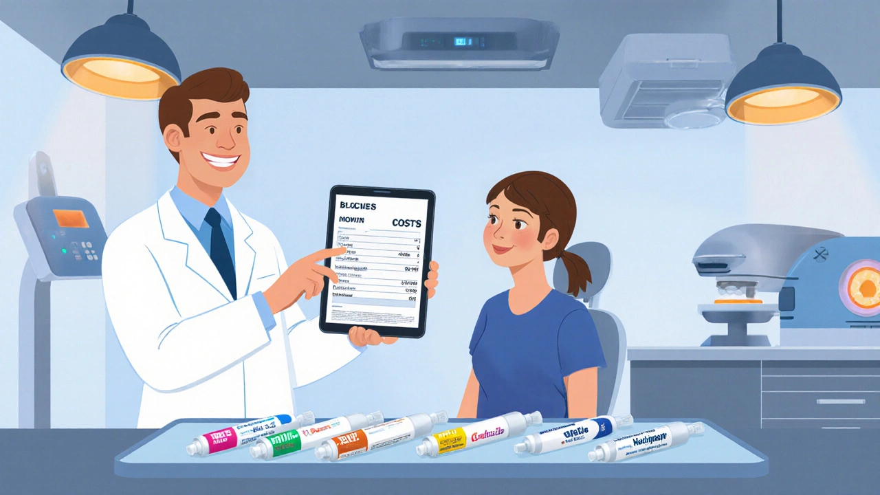 Ilustrace konzultace v moderní klinice, dentální materiály a laboratorní vybavení.