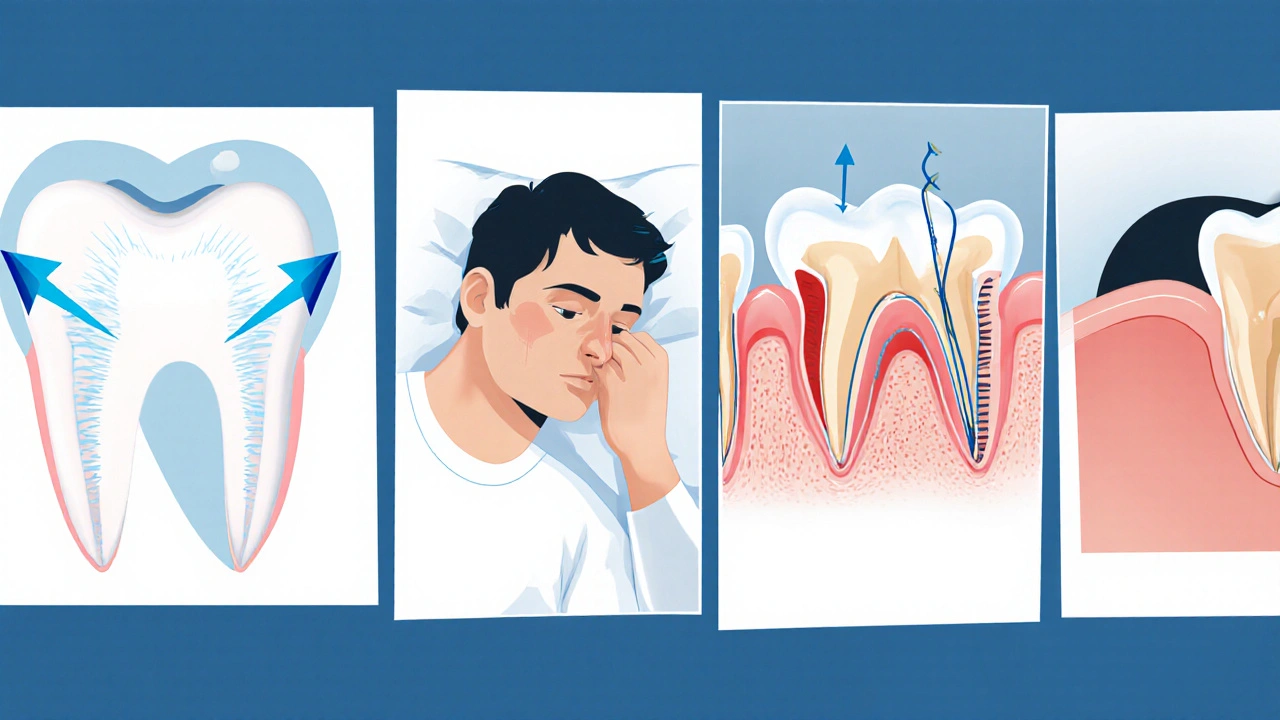 Ilustrace pěti příčin tlaku v zubech: citlivý dentin, bruxismus, sinusitida, TMJ a parodontitida.