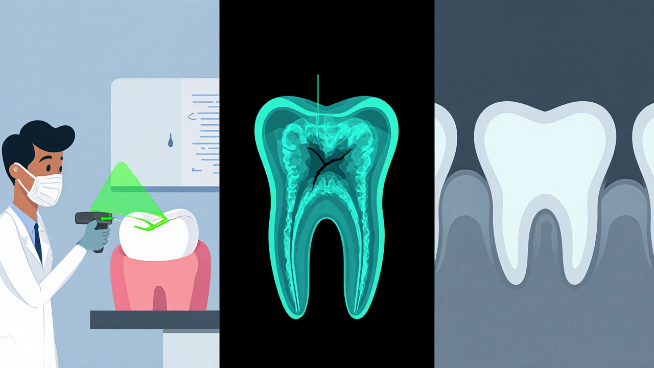 Ilustrace tří diagnostických metod: laserová fluorescence, rentgen a transiluminace.