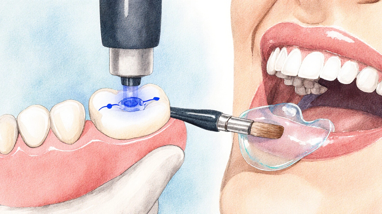 Lékař aplikuje fluoridový gel na vyhlazený zub po měření laserovým profilometrem.