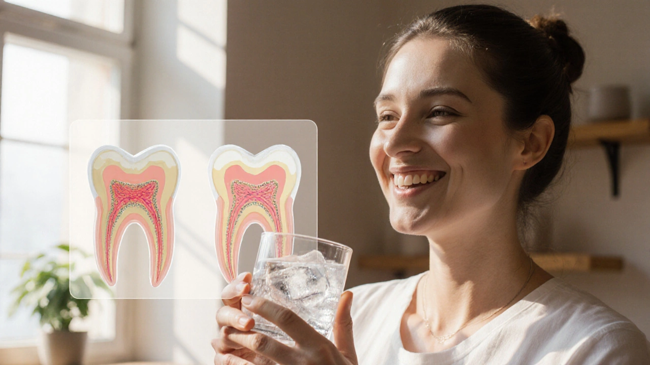 Pacient se směje, drží sklenici vody, zub bez bolesti po léčbě kořenových kanálků