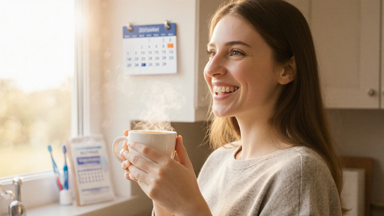 Person smiling with white teeth, holding coffee cup, sunlight through kitchen window.