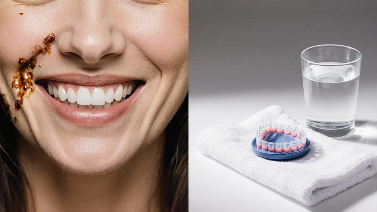 Porovnání před a po bělení zubů: tmavé vs. bělé zuby s formou Opalescence na pozadí.