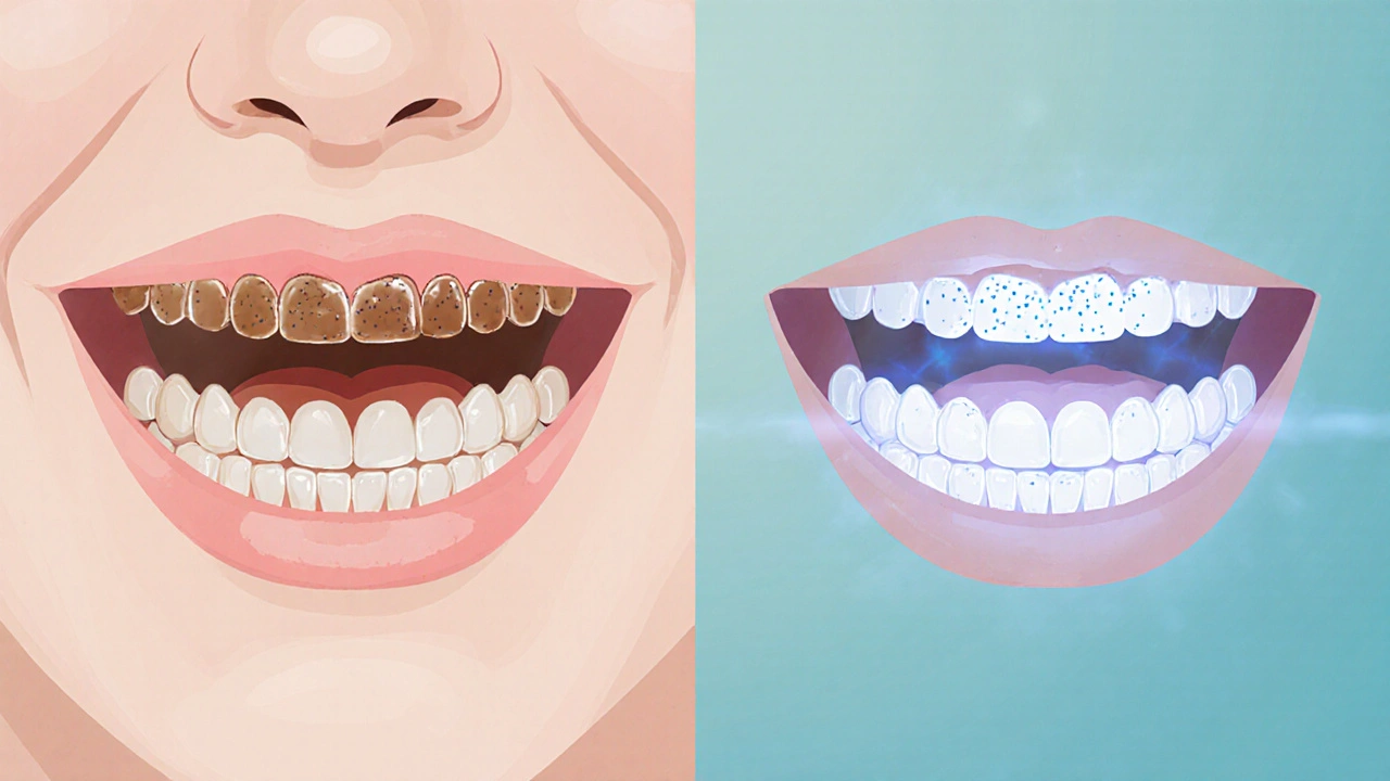 Porovnání tmavých a bělých zubů s vyznačenými mikroporami