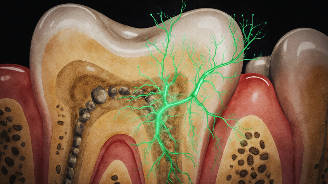 Přehled kořene zubu s obnovujícími se nervy a kostní tkání v teplých odstínech