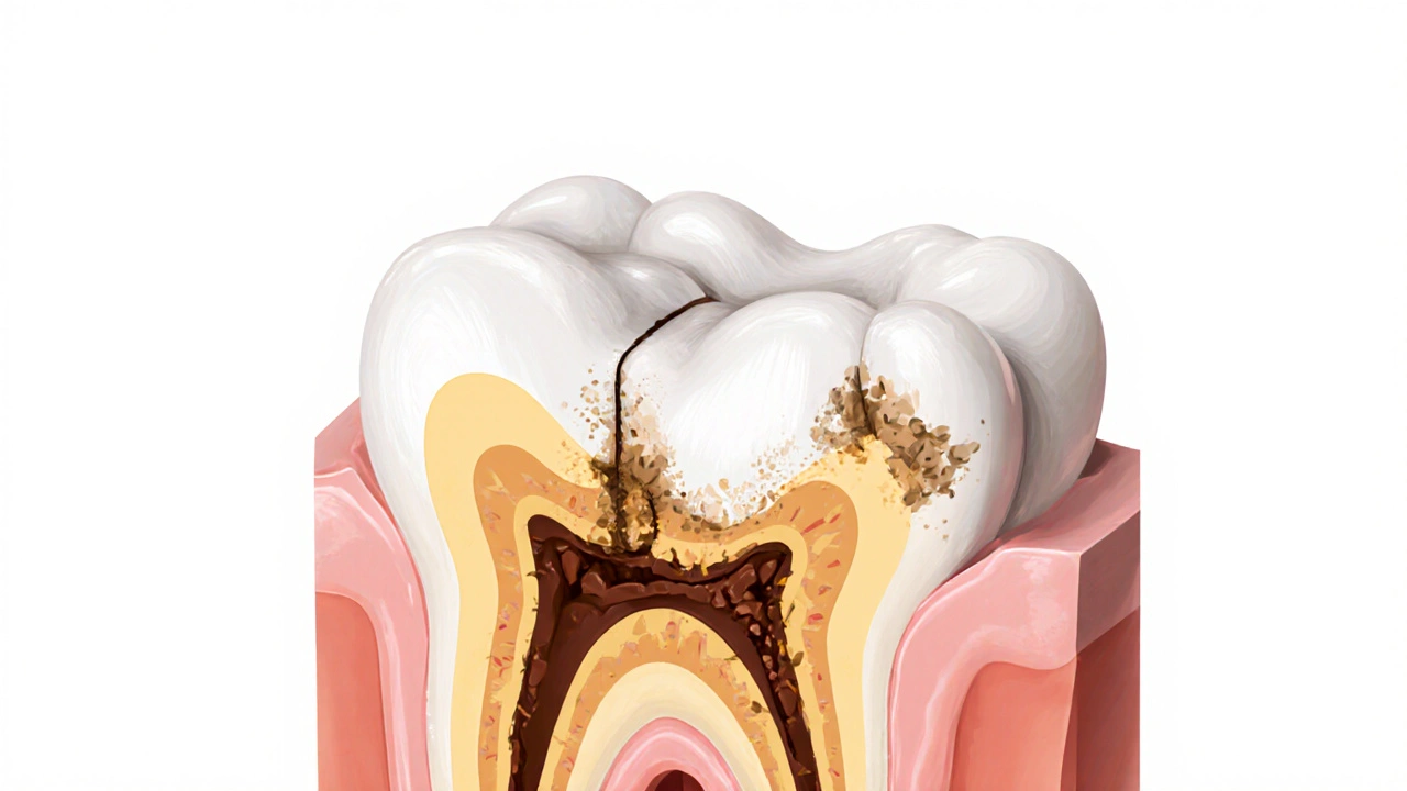 Průřez zubu s viditelným rozpadem skloviny a denty.