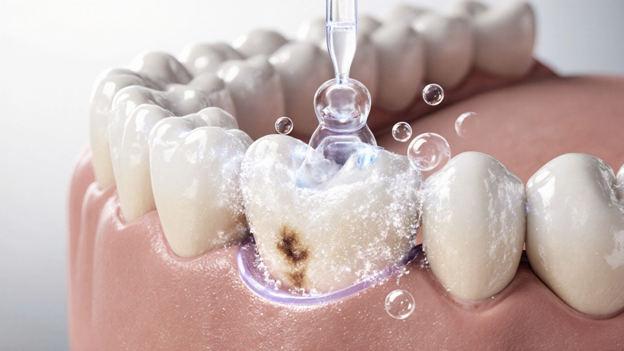 Průřez zubu ukazující, jak kyslík z gelu proniká do skloviny a odstraňuje pigmenty.