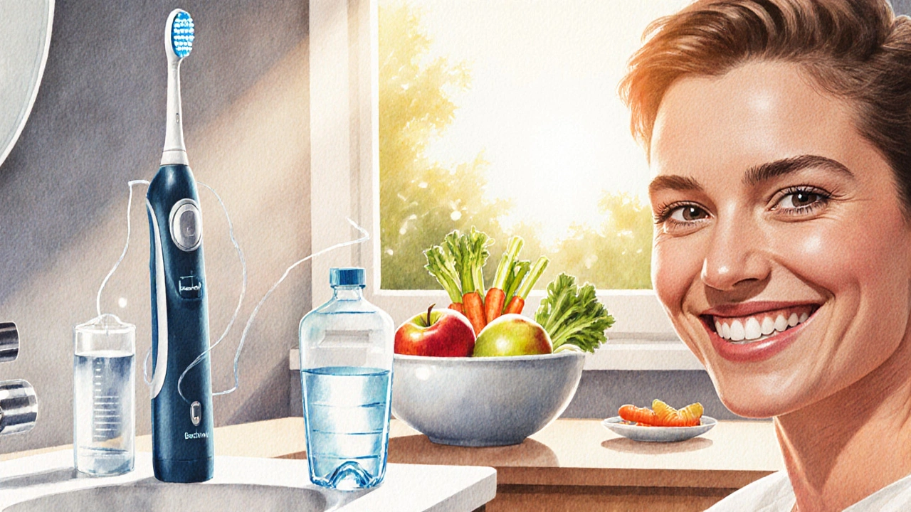 Ranní hygiena – elektrický kartáček, nit, ústní voda a zdravé jídlo.