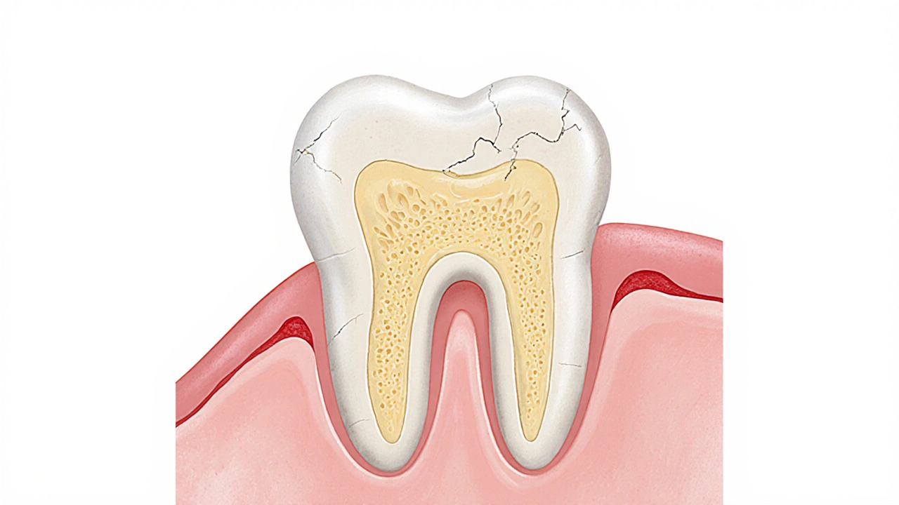 Řez zubu ukazuje opotřebenou sklovinu a vystavený dentin po broušení.