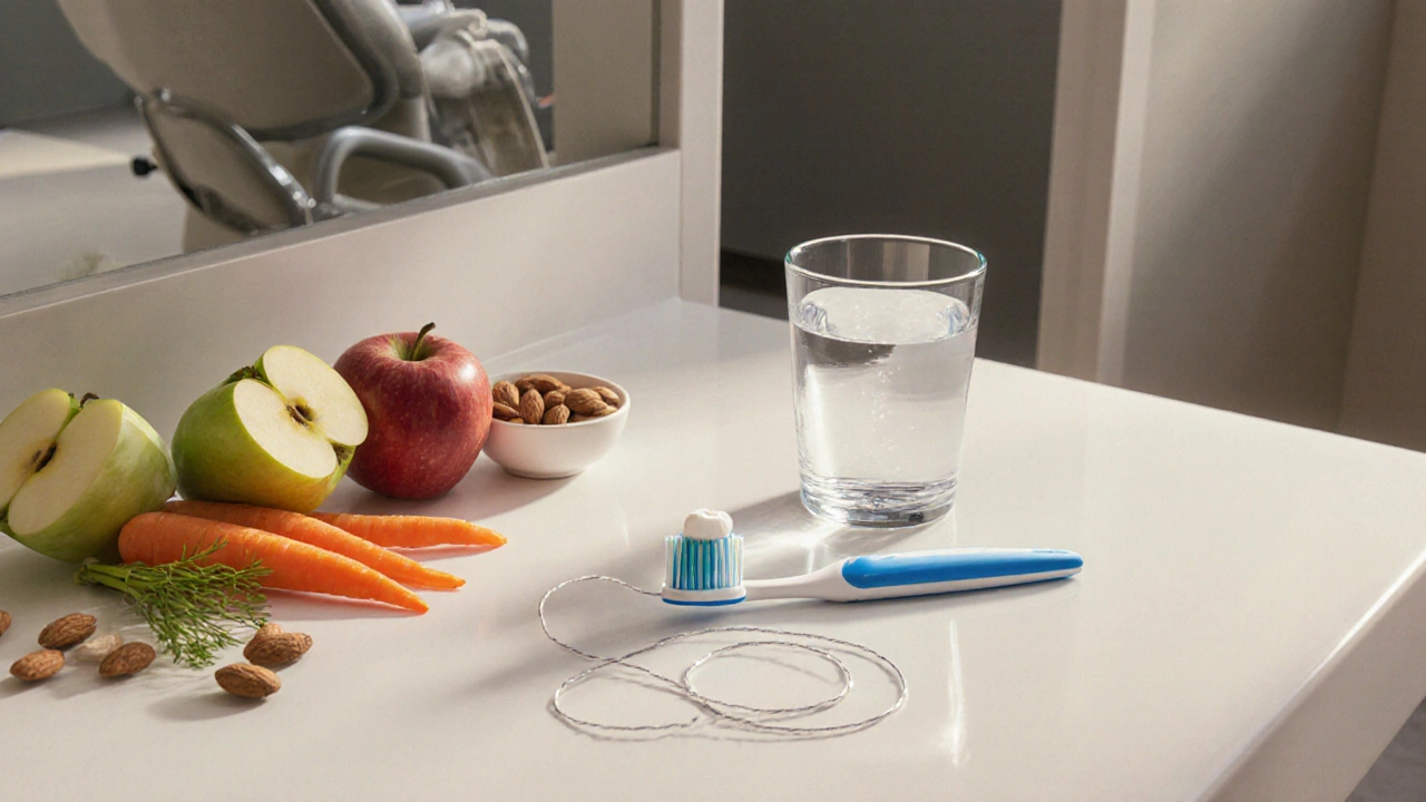 Scéna denní ústní hygieny: kartáček, nit, sklenice vody, ovoce a dentální klinika v pozadí.