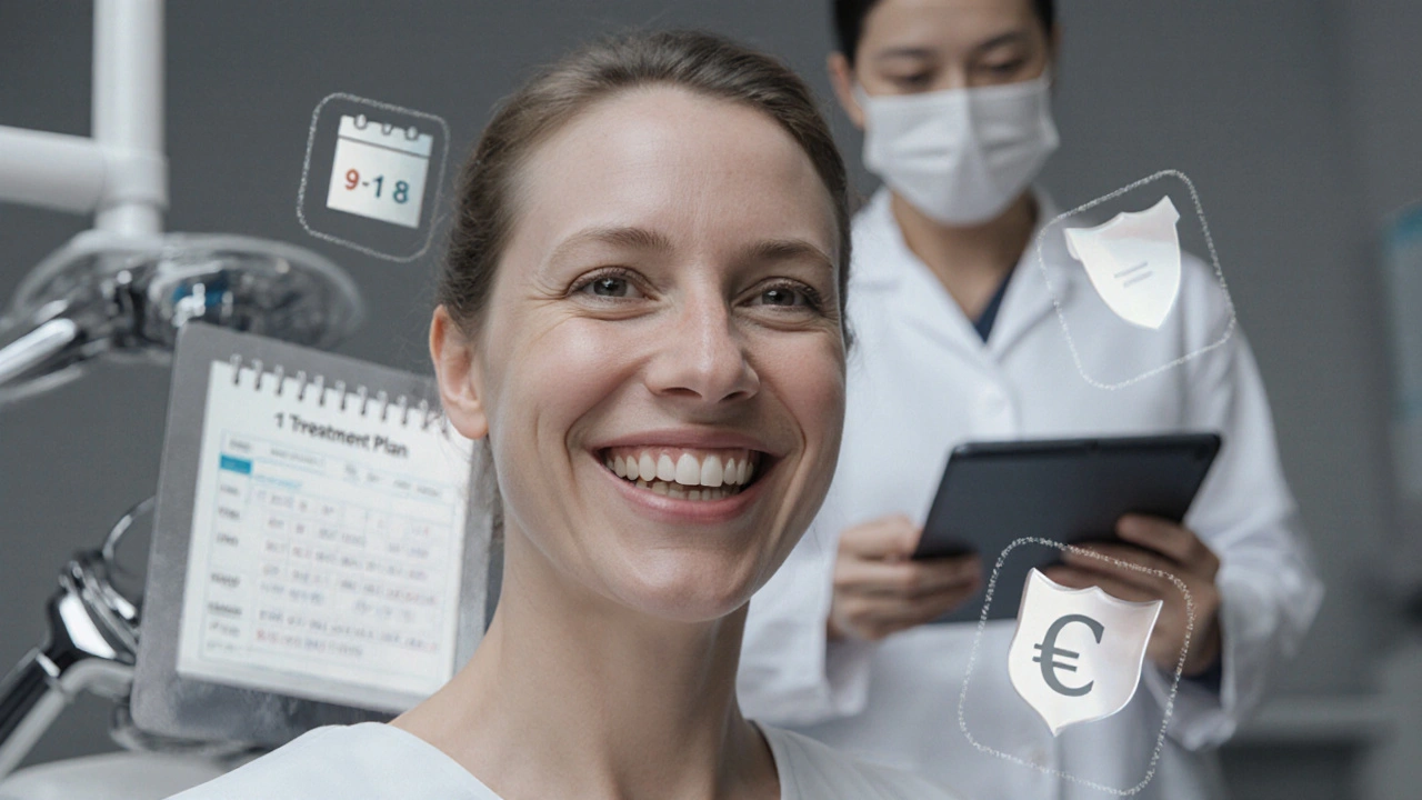 Úspěšný pacients s dokonalým úsměvem u zubaře v moderní klinice.