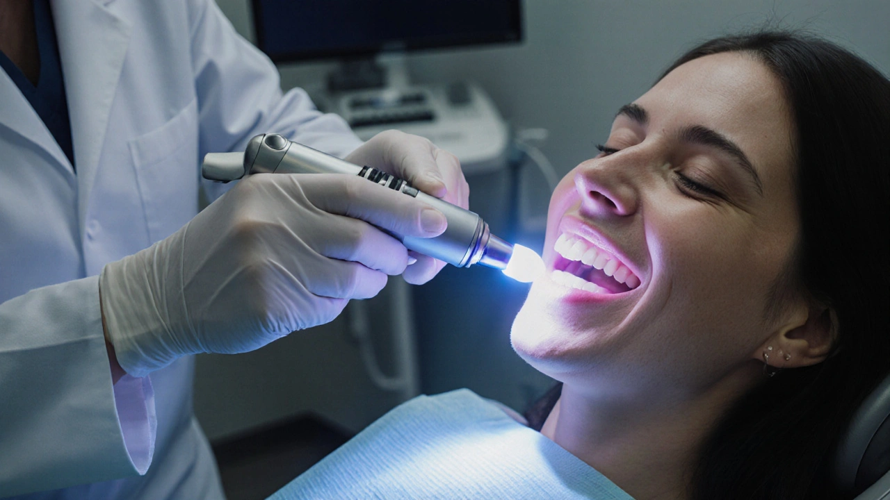 Zubař používá laser na bělení zubů, zatímco pacient má zářivý úsměv.
