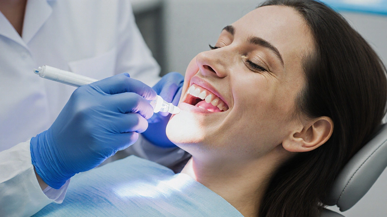 Zubní lékař aplikuje bělící prostředek během profesionálního bělení