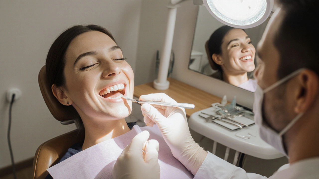 Zubní lékař vkládá plombu do zubu pacienta.