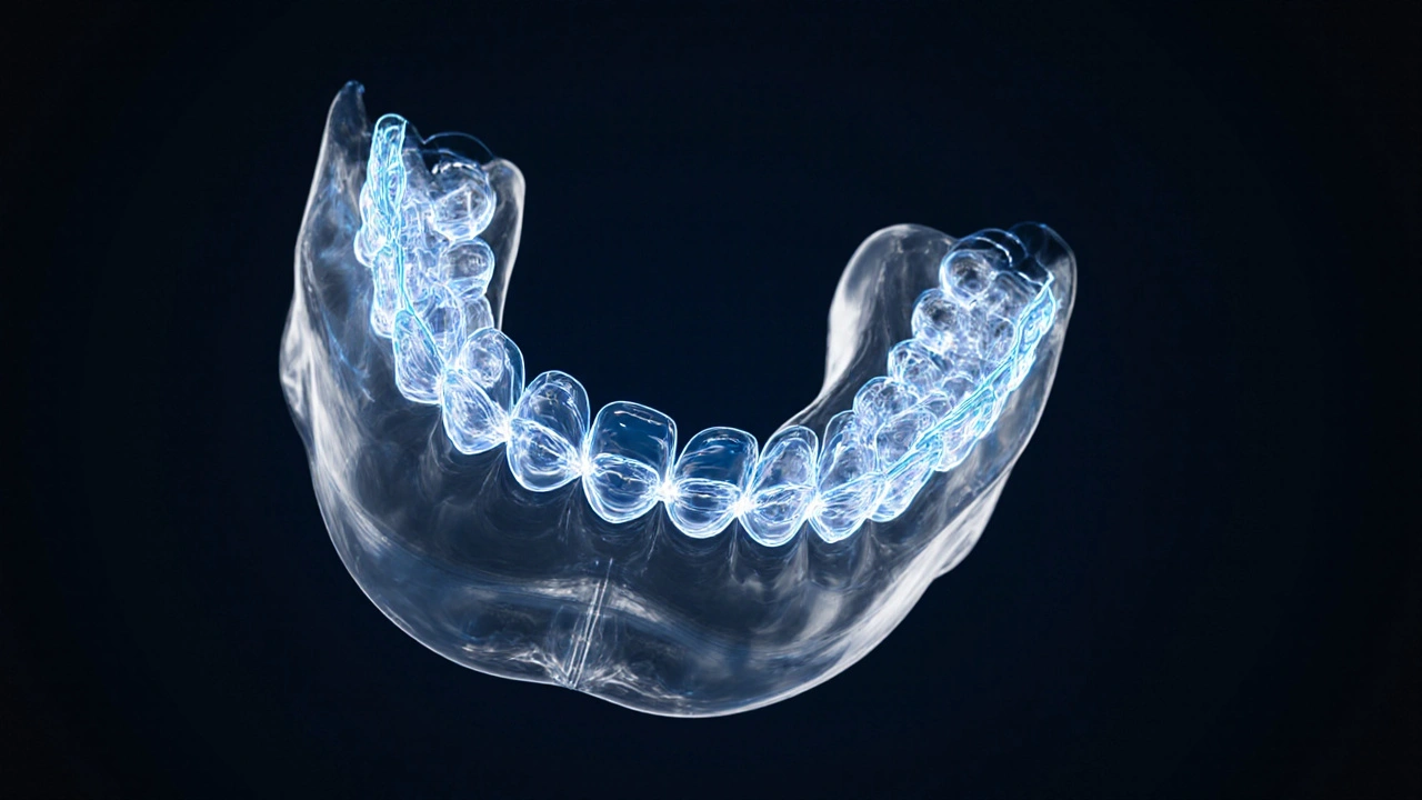 3D model čelisti s postupným posunem zubů pomocí průhledných rovnátek.