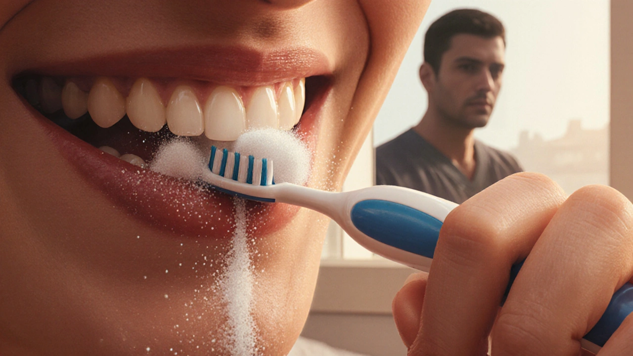 Člověk čistí zuby, zatímco abrazivní částice postupně erodují zubní sklovinu