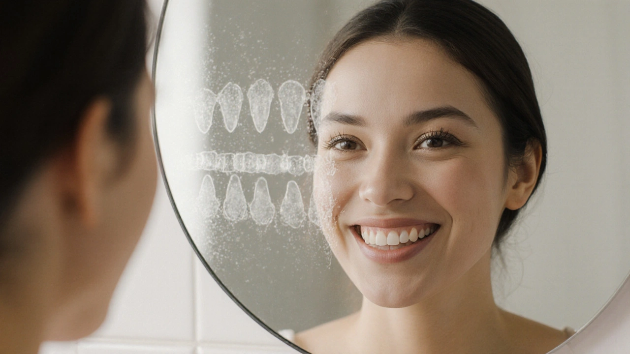 Člověk se dívá do zrcadla, kde jeho zuby přecházejí z poškození k zdraví.