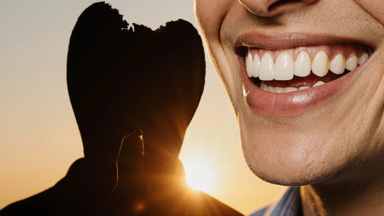 Člověk se usmívá se zdravými zuby, zatímco za ním zmizí postupně poškozený zub a odcházející dásně.