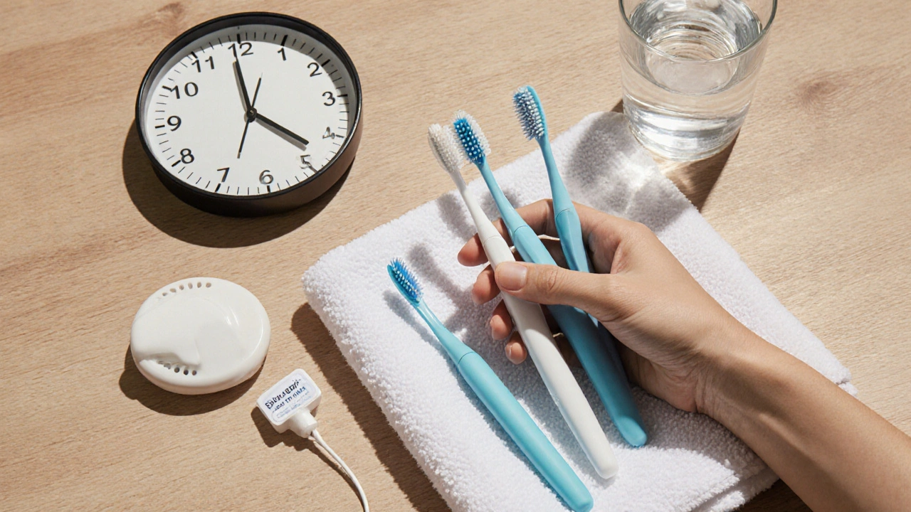 Dentální hygienické nástroje uspořádané na ručníku s hodinami naznačujícími denní rutinu.