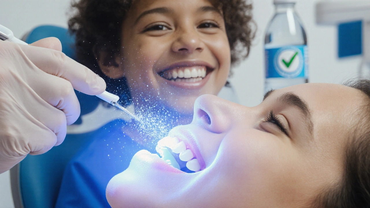 Dentální hygienistka čistí zuby, zatímco fluorid zůstává uložený v emailu, i přes pískování