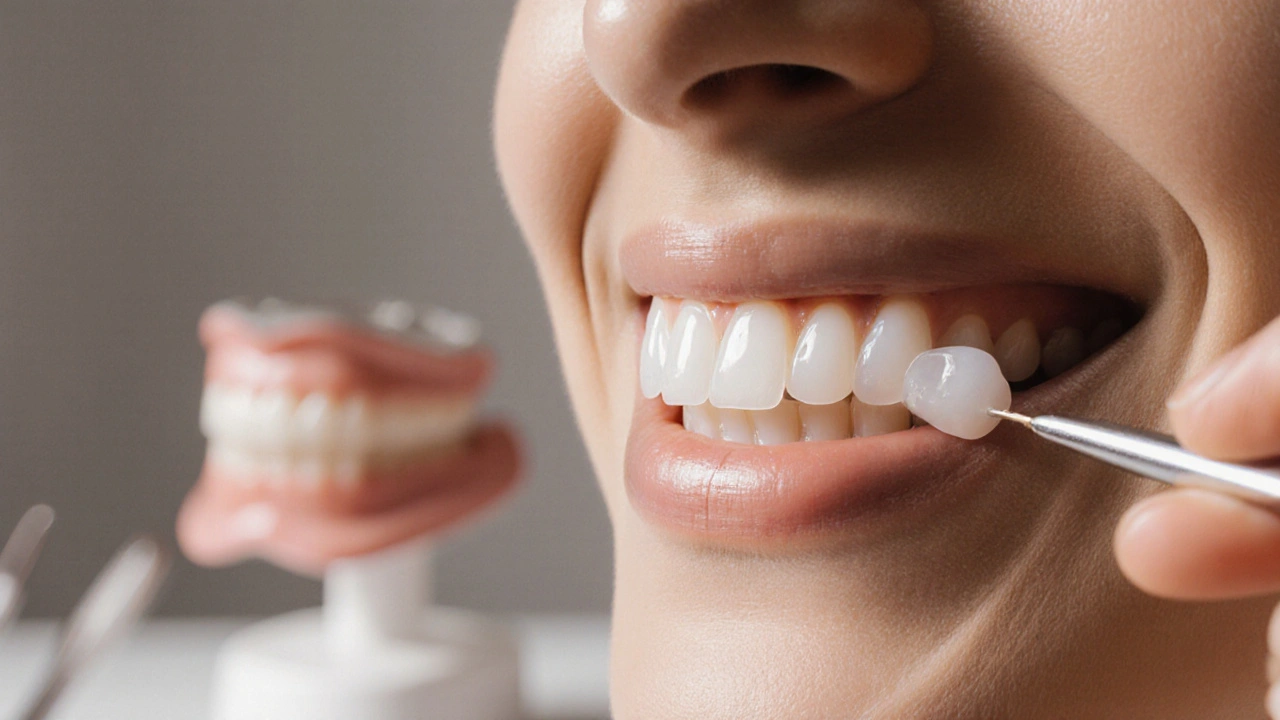 Dentista pečlivě přikládá tenké keramické fazety na přední zuby.