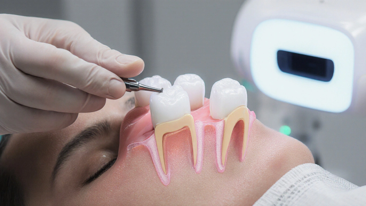 Dentista přikládá tenkou keramickou fazetu na přední zub s přesnými nástroji.