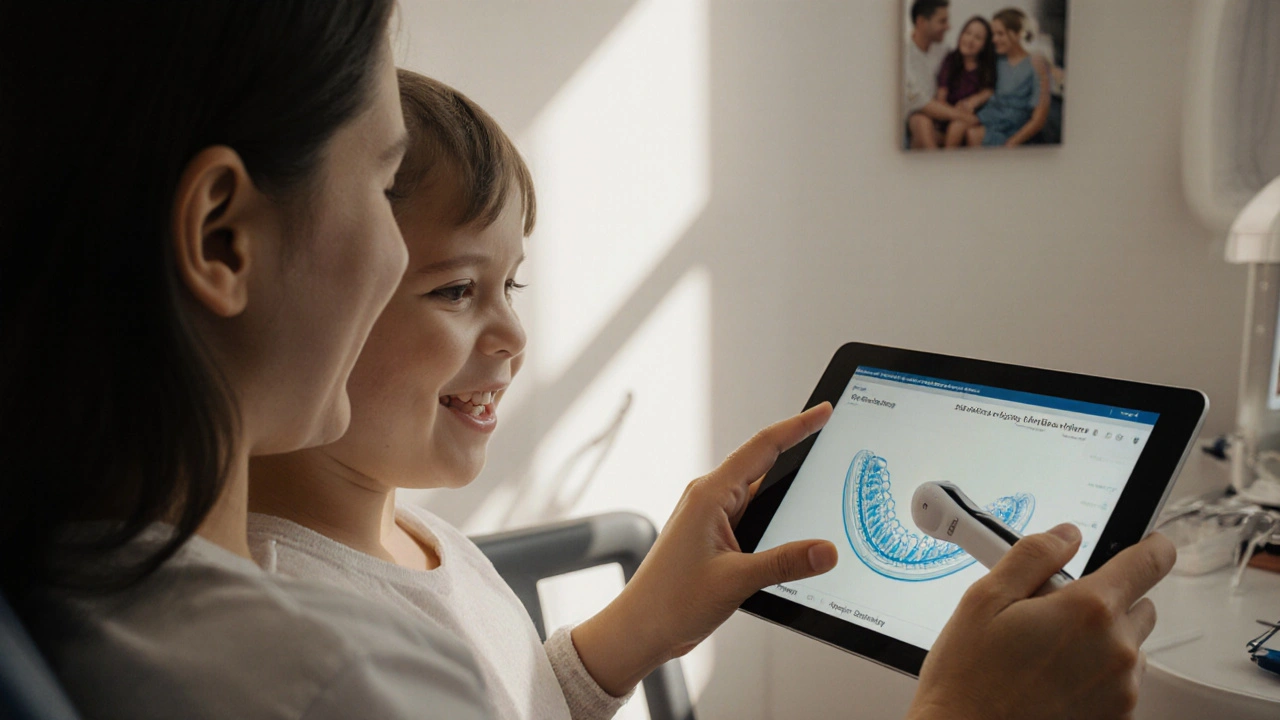 Dětská návštěva u ortodonty v Česku, kde lékař používá skener a tablet s genetickou analýzou.