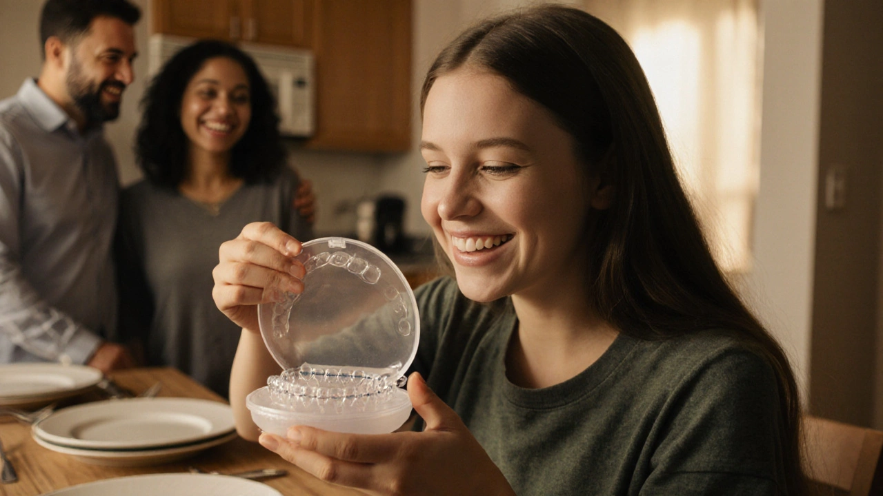 Dívka ukládá rovnátka do krabičky před večeří, rodiče ji pozorují v kuchyni.