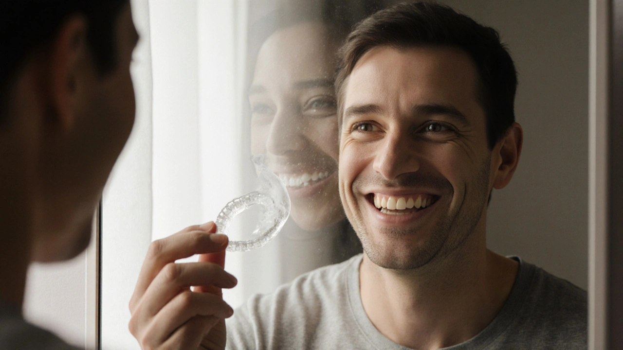 Dospělý drží retainer a dívá se do zrcadla, jeho nový úsměv je dokonalý.