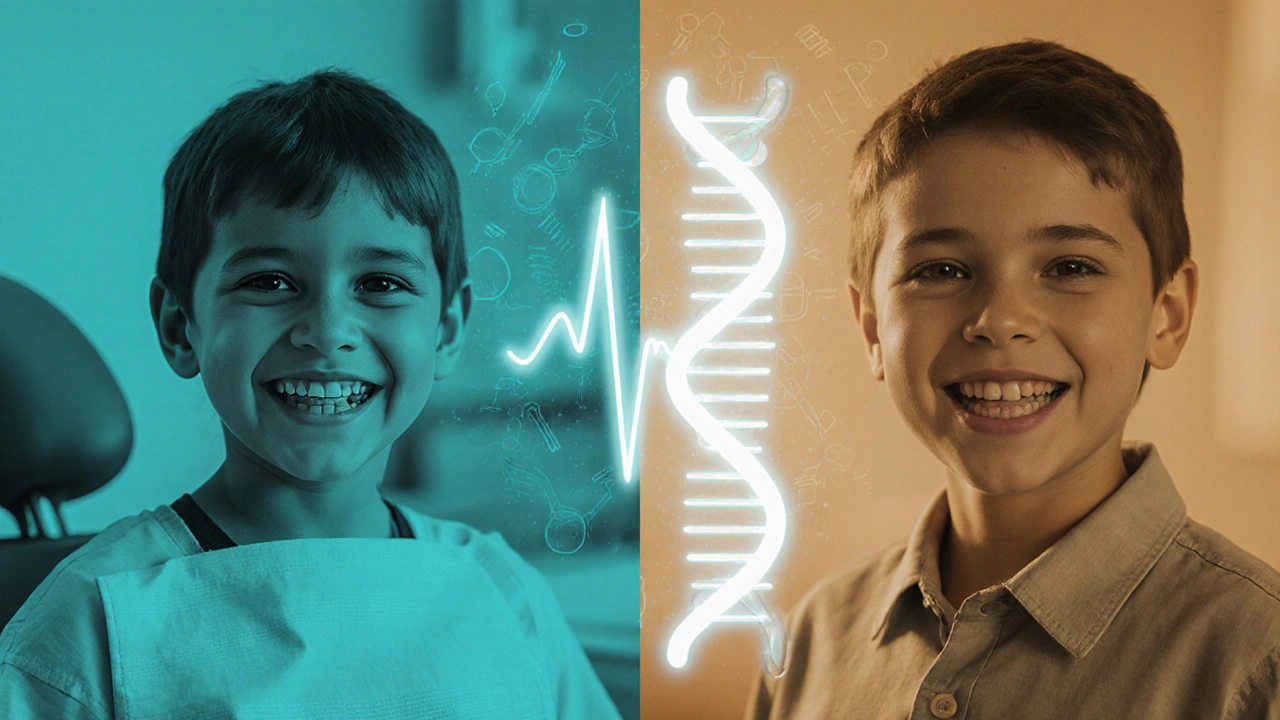 Dvě paralelní reality: dítě s braketami a dospělý s dokonalými zuby vedle DNA šroubovice.