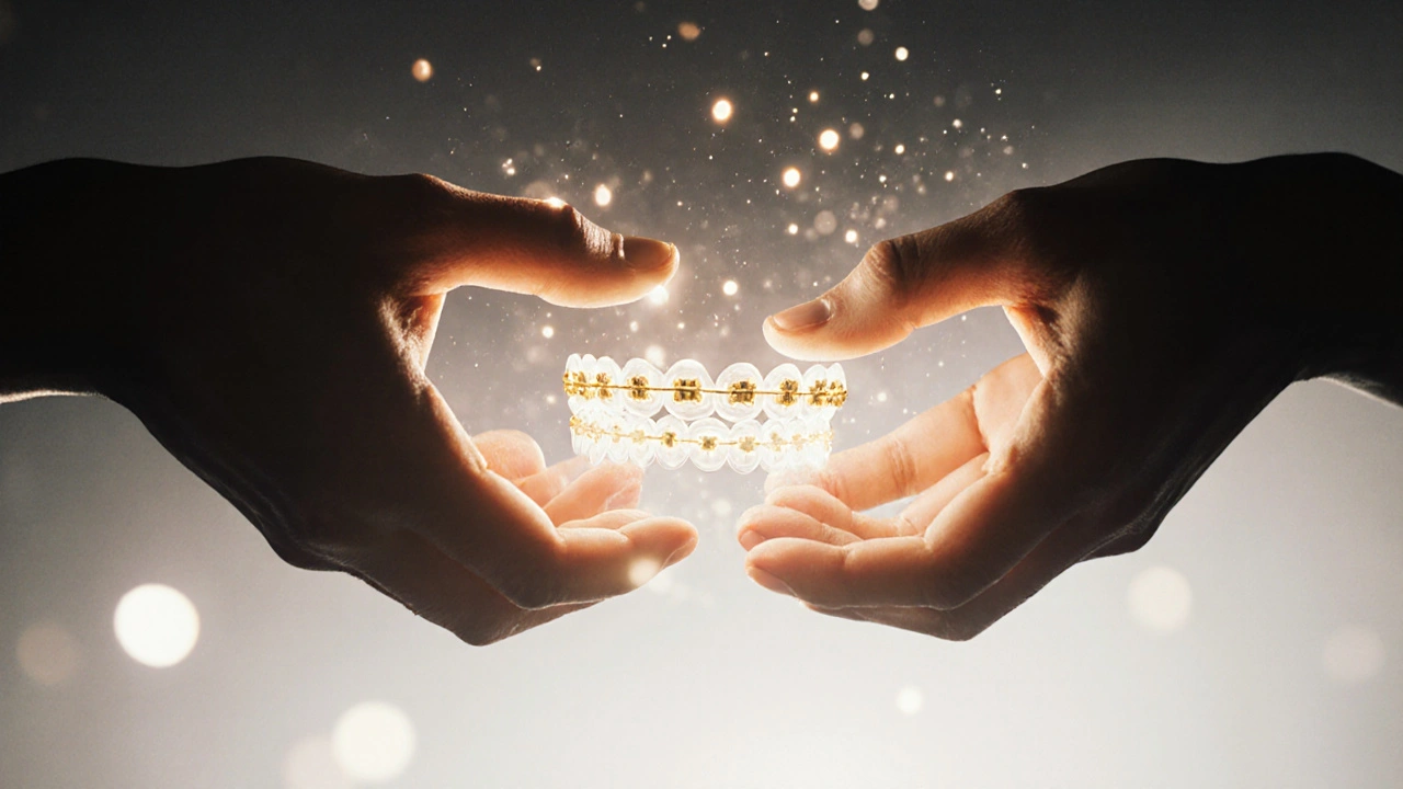 Dvě ruce se blíží k polibku, zubní aparát se mění v zlaté světlo.