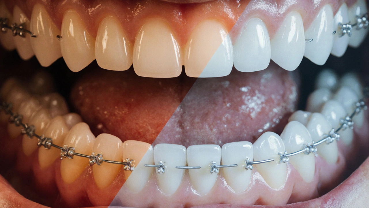 Dvě sady zubů: zdravé po ortodontické léčbě a poškozené kvůli špatné hygieně.