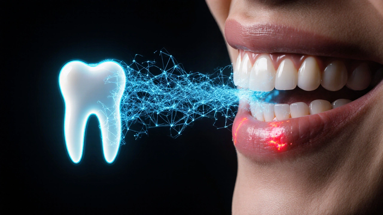 Koncepční obrázek bakteriální kolonie na dásních s příznaky zánětu.