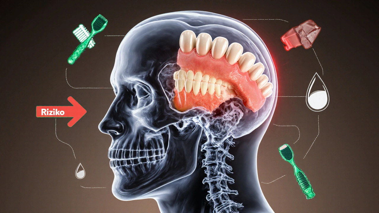 Konceptuální obrázek srovnává zdravé a poškozené zuby v průhledné lebce.
