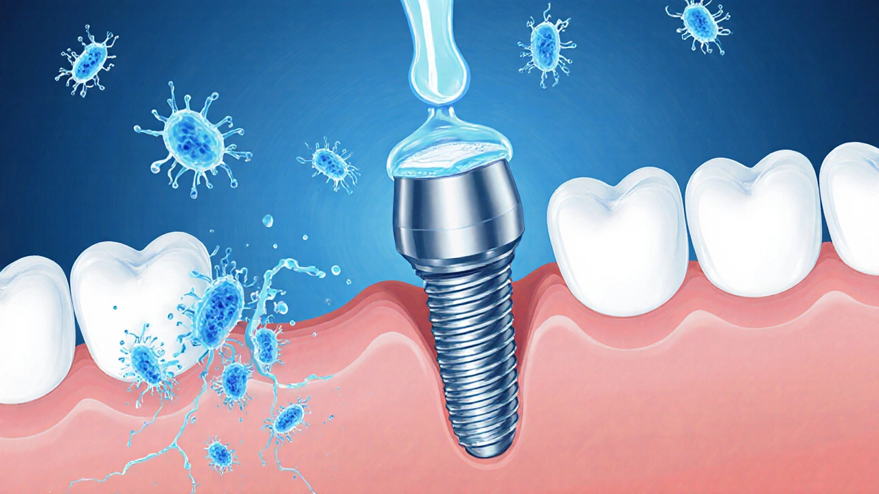 Mikroskopický pohled na bakterie a implantát s proudem vody odstraňující plak.