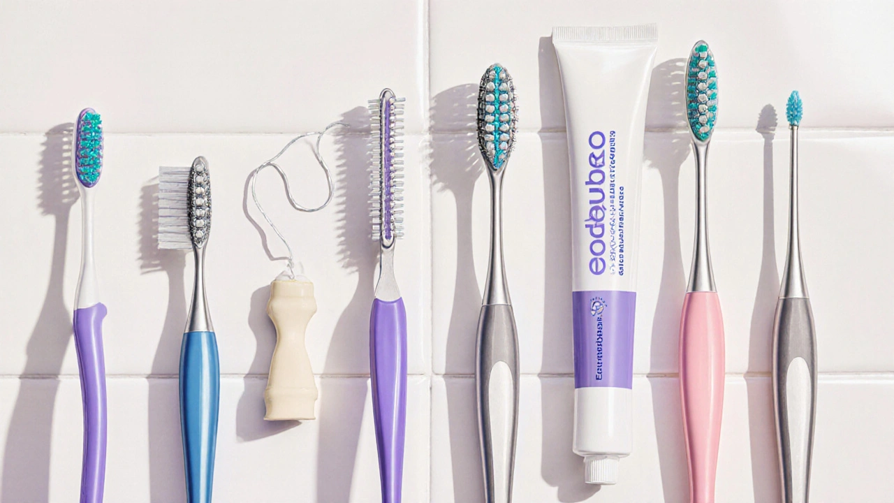 Nástroje pro péči o fixní rovnátka: ortodontický kartáček, interdentalní kartáček, nit a vosk.