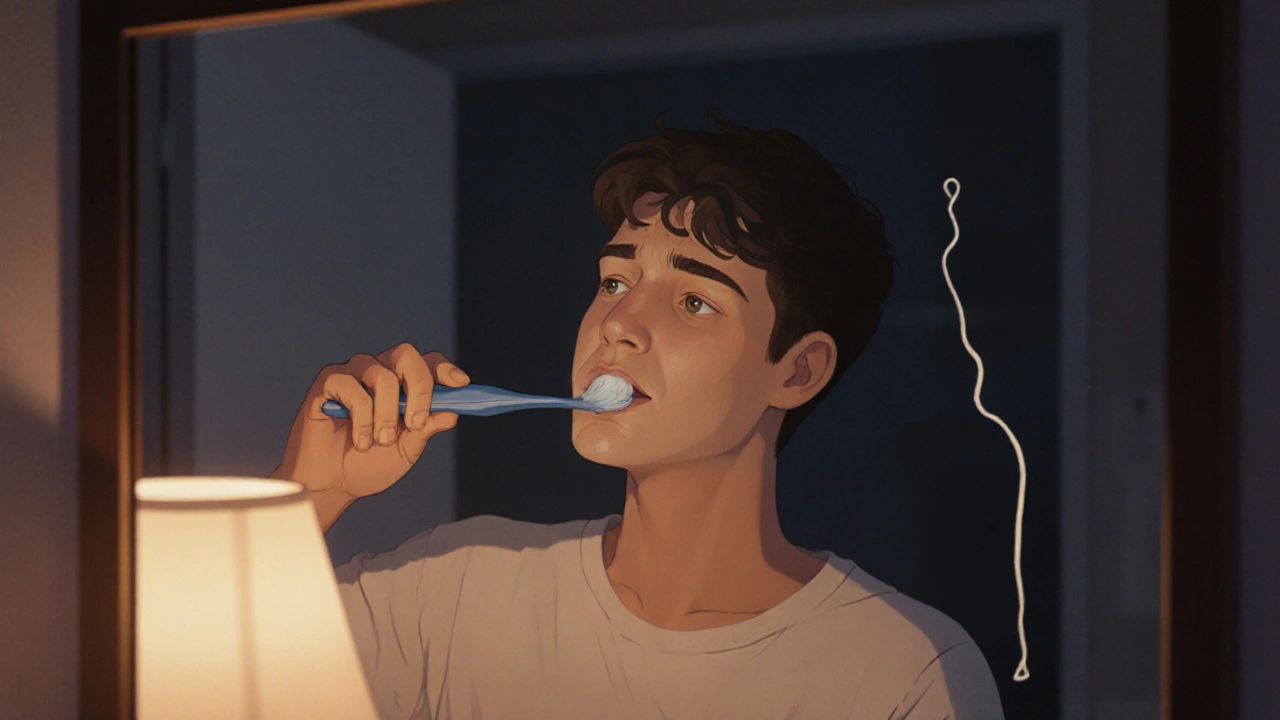 Osoba se dívá do zrcadla a čistí si zuby fluoridovou pastou