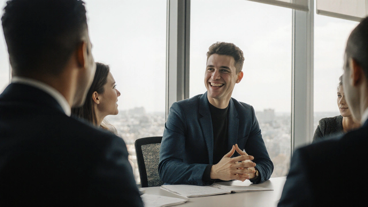 Osoba se zubními aparáty mluví v kanceláři, kolegové ji pozorně poslouchají.