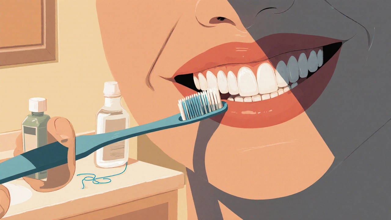 Osoba štětečkující zuby jemným kartáčkem, důraz na čištění mezi přirozenými zuby a fazetami.