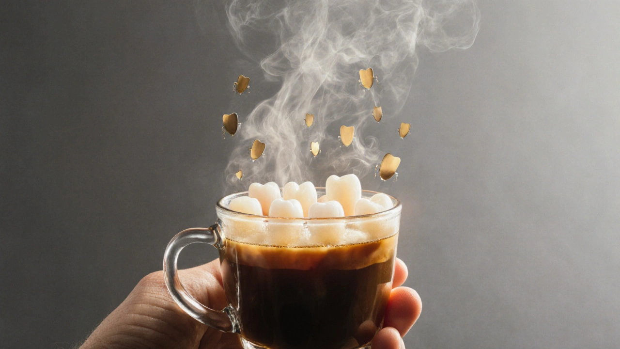 Pára z kávy se mění v ochranné štíty kolem zubů, symbolizující snížení citlivosti.