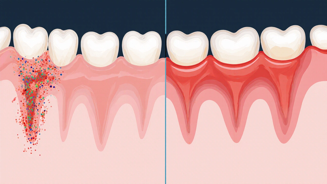 Porovnání zdravé a nemocné dásně po léčbě parodentózy.