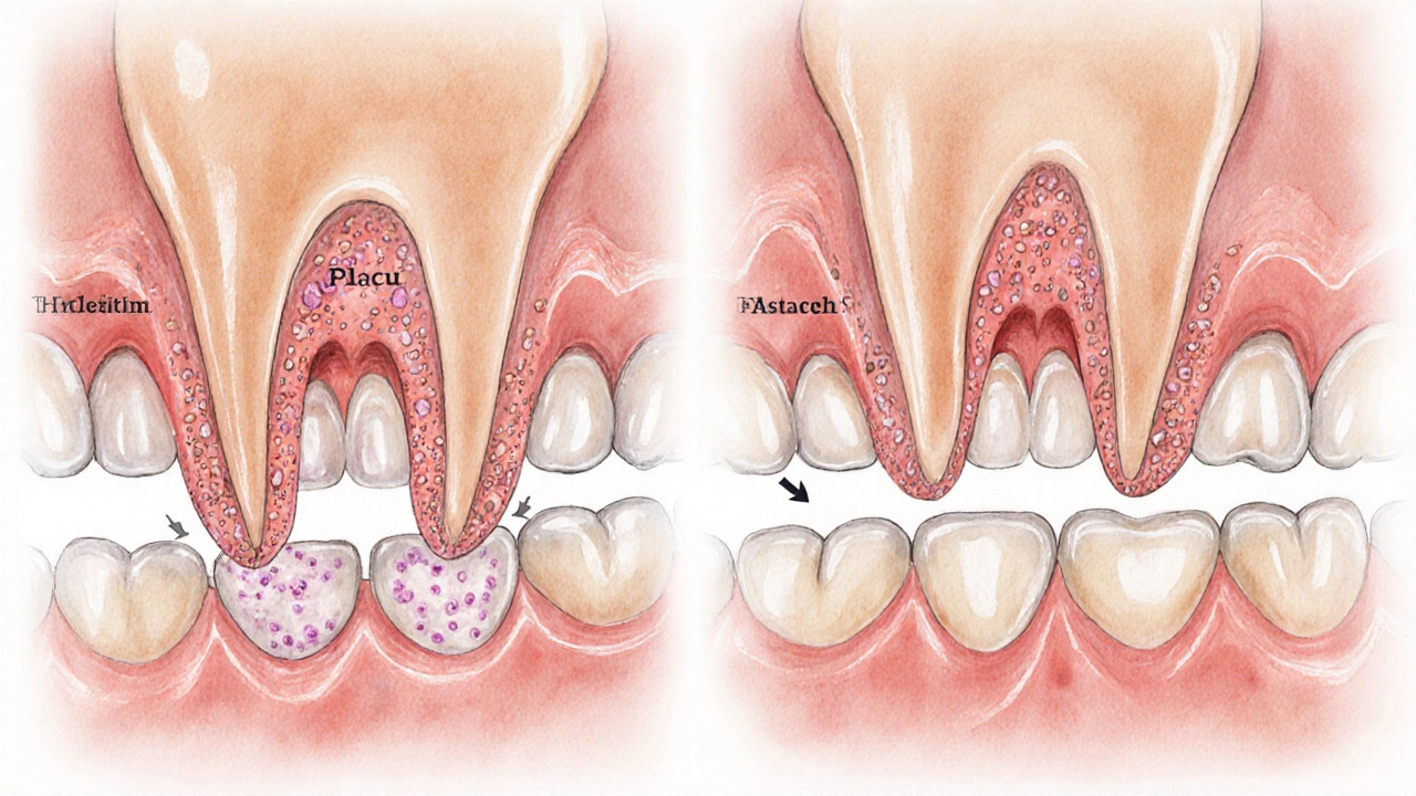 Porovnání zdravých a nemocných dásní: vlevo zánět a kapsy, vpravo hojení a přilnutí dásní k zubu.