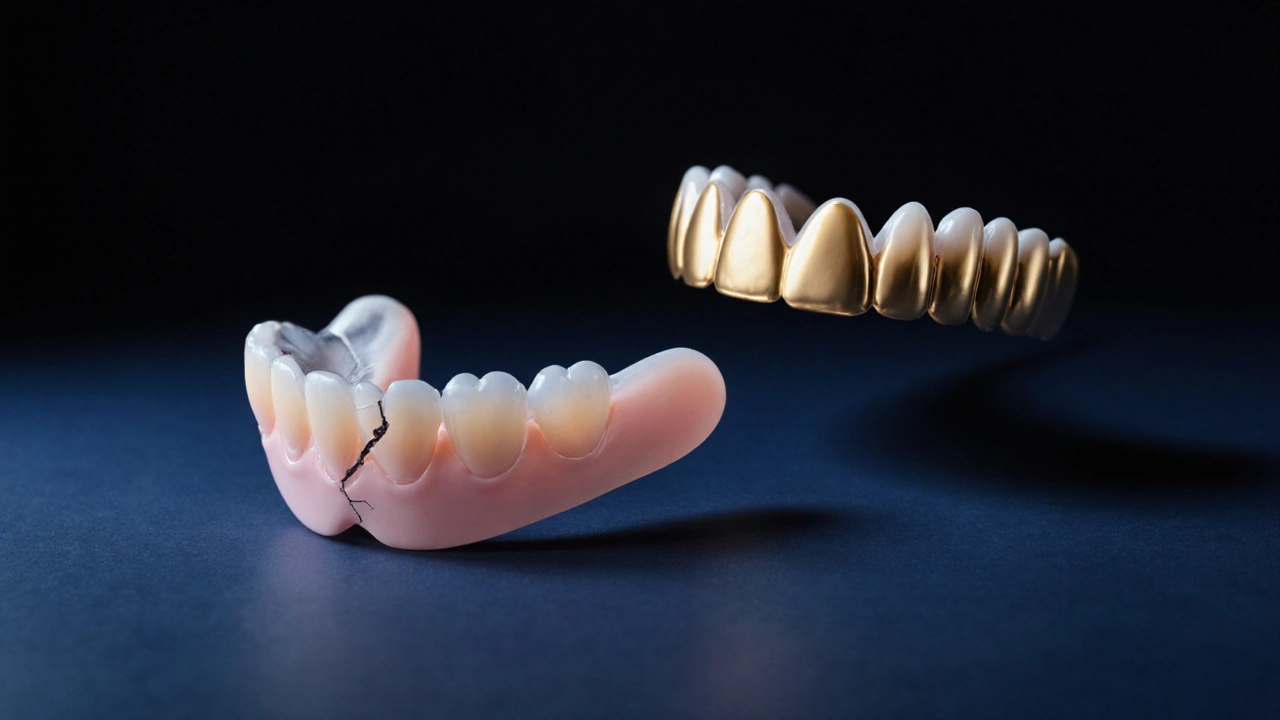 Poškozená fazeta vedle noční ochranné destičky, kontrast mezi poškozením a zdravým úsměvem.