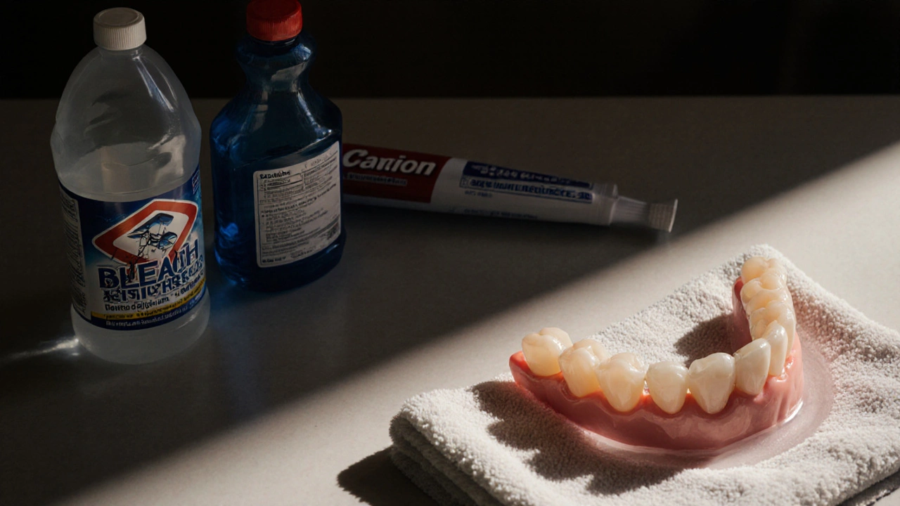 Poškozená protéza vedle nevhodných čisticích prostředků, zatímco správně uchovaná leží na mokrém ručníku.